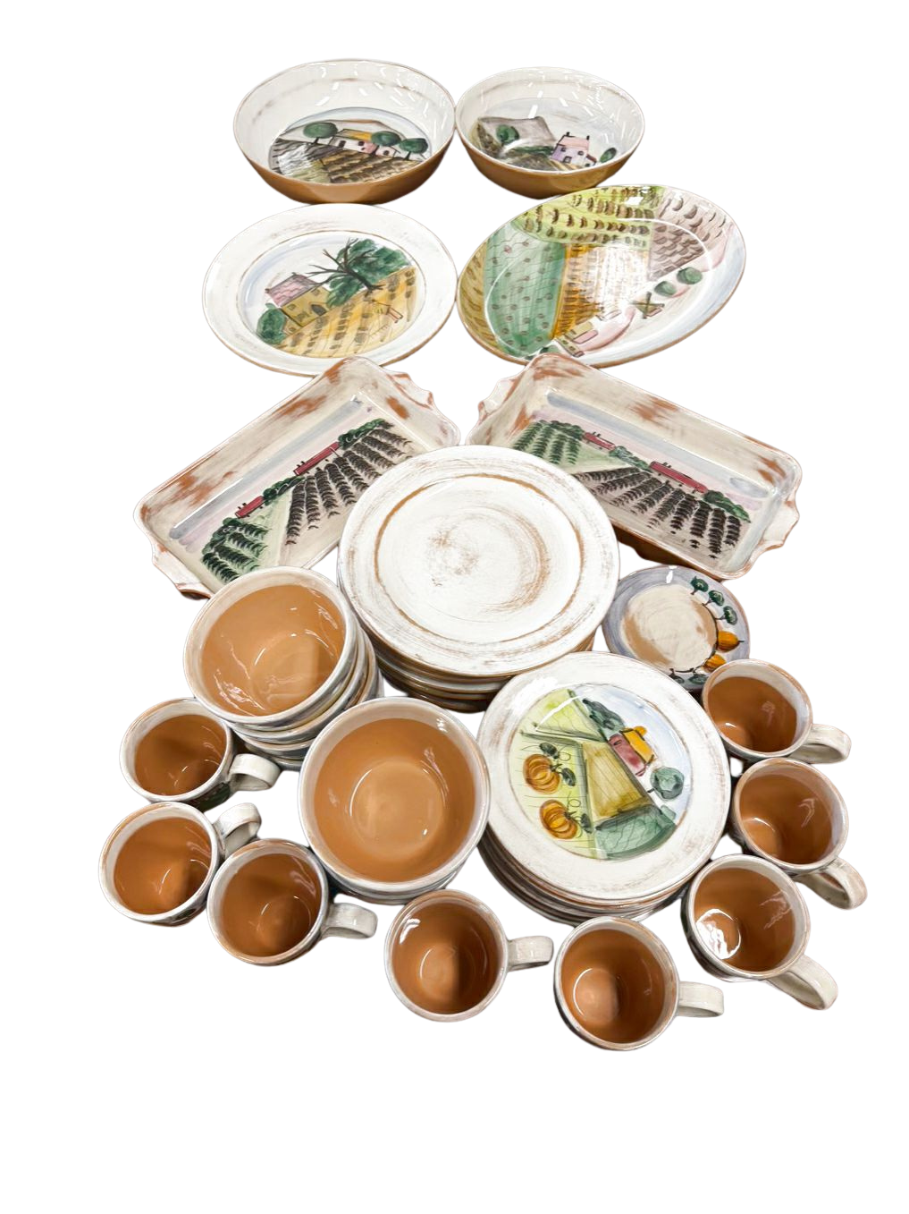 VIETRI Tan, Gold, Rust, Green Pottery 4 Piece Dinnerware Setting for 8 w/ Serving Dishes