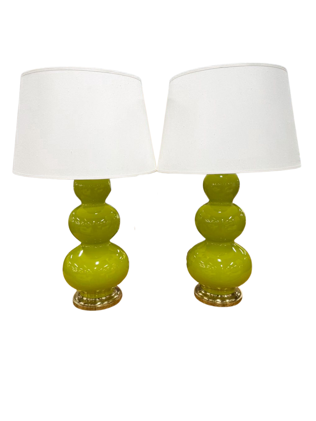 Chartreuse Triple Gourd Pair Of Ceramic Lamps w/ Shades