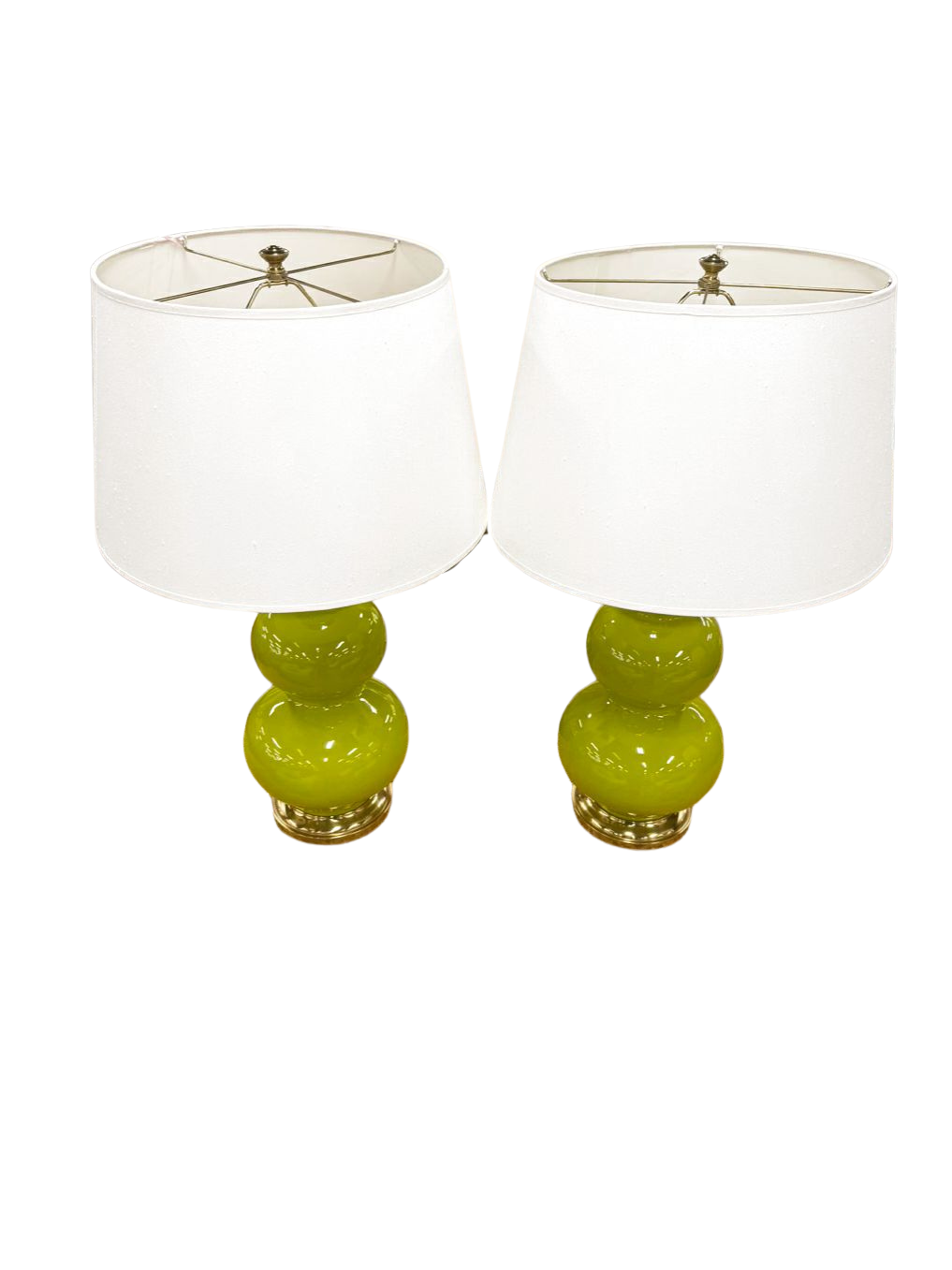 Chartreuse Triple Gourd Pair Of Ceramic Lamps w/ Shades