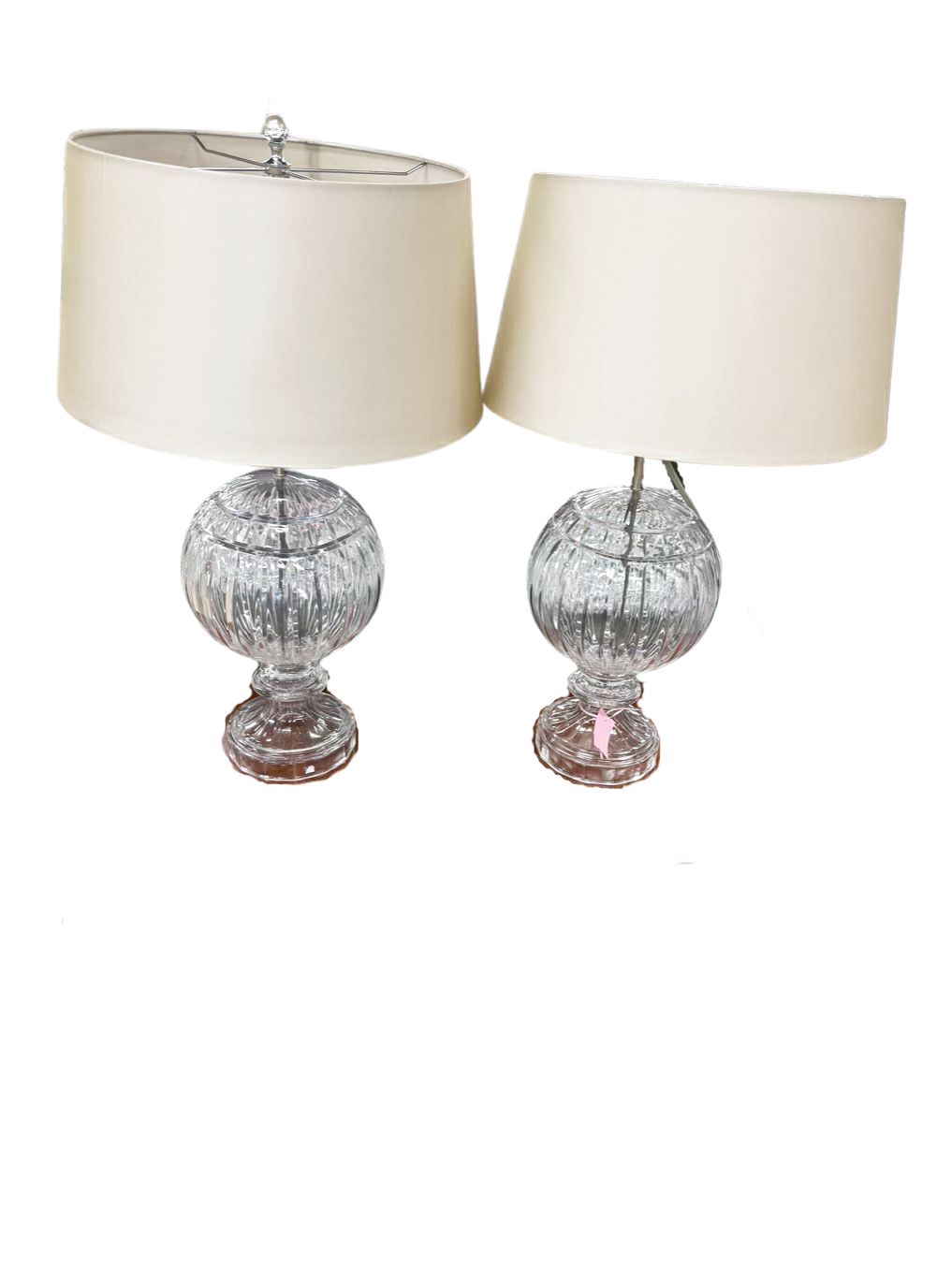 Clear Glass Ball Pair Of Lamps w/ Beige Shade