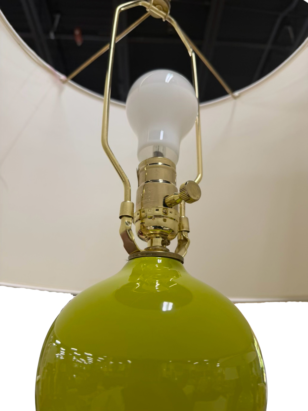 Chartreuse Triple Gourd Pair Of Ceramic Lamps w/ Shades