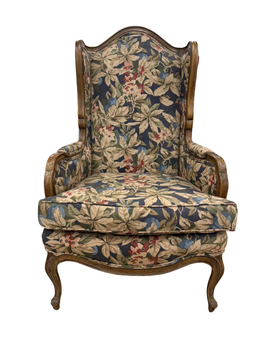 VINTAGE Blue, Red, & Cream French Floral Fabric Chair