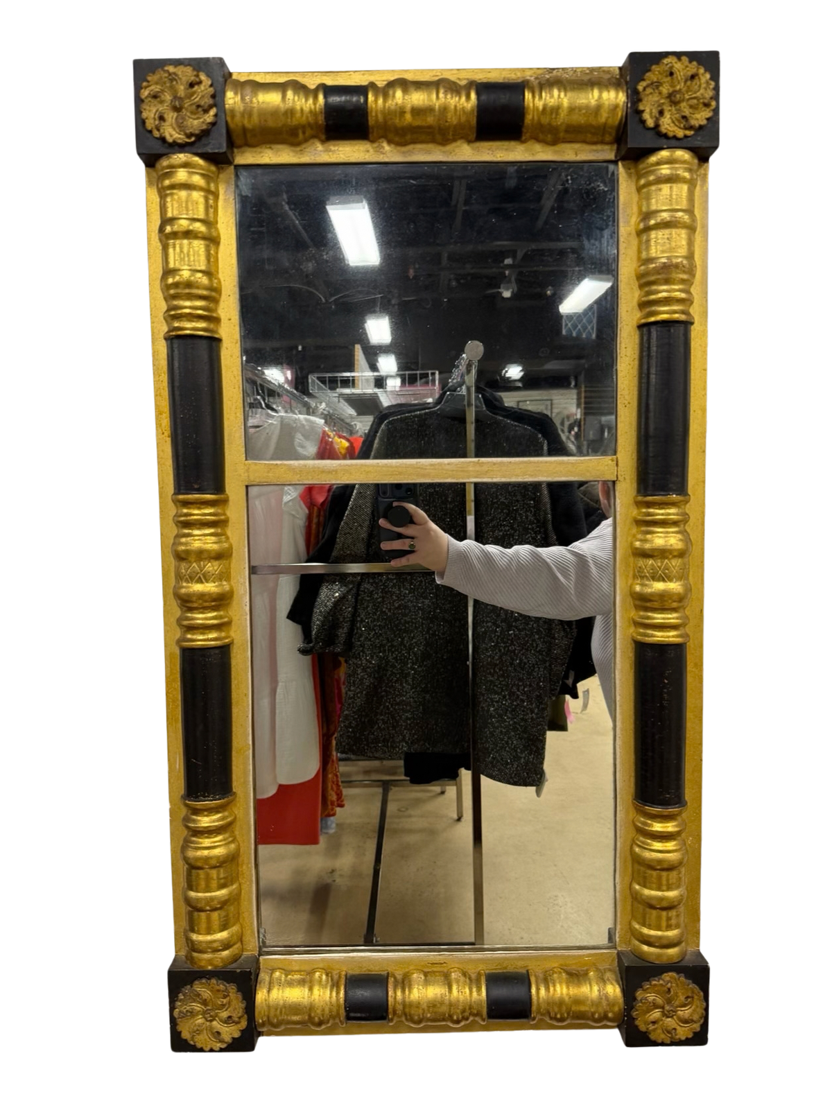 VINTAGE Black & Gold Wood Mirror w/ Medallion Detail