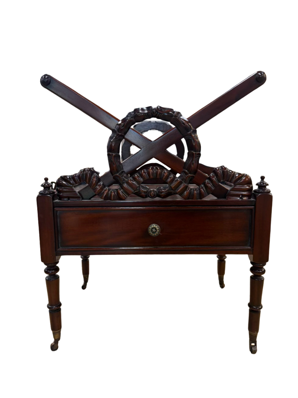 ENGLISH Dark Mahogany Canterbury Rack Magazine Stand w/ Bottom Drawer