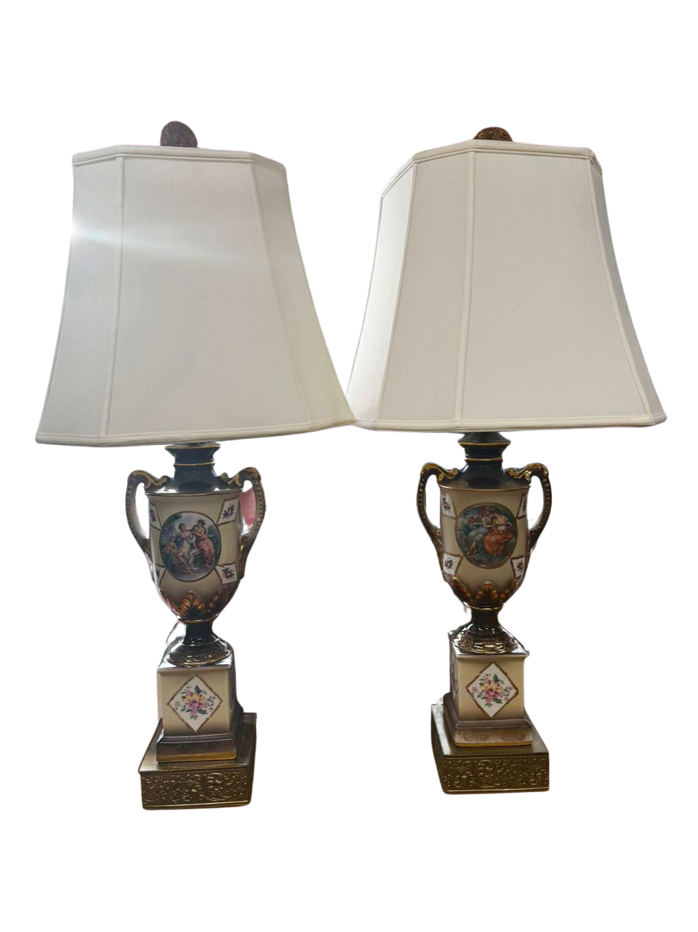 Cream & Gold Hand Painted Porcelain Urn Pair Of Lamps w/ Shades