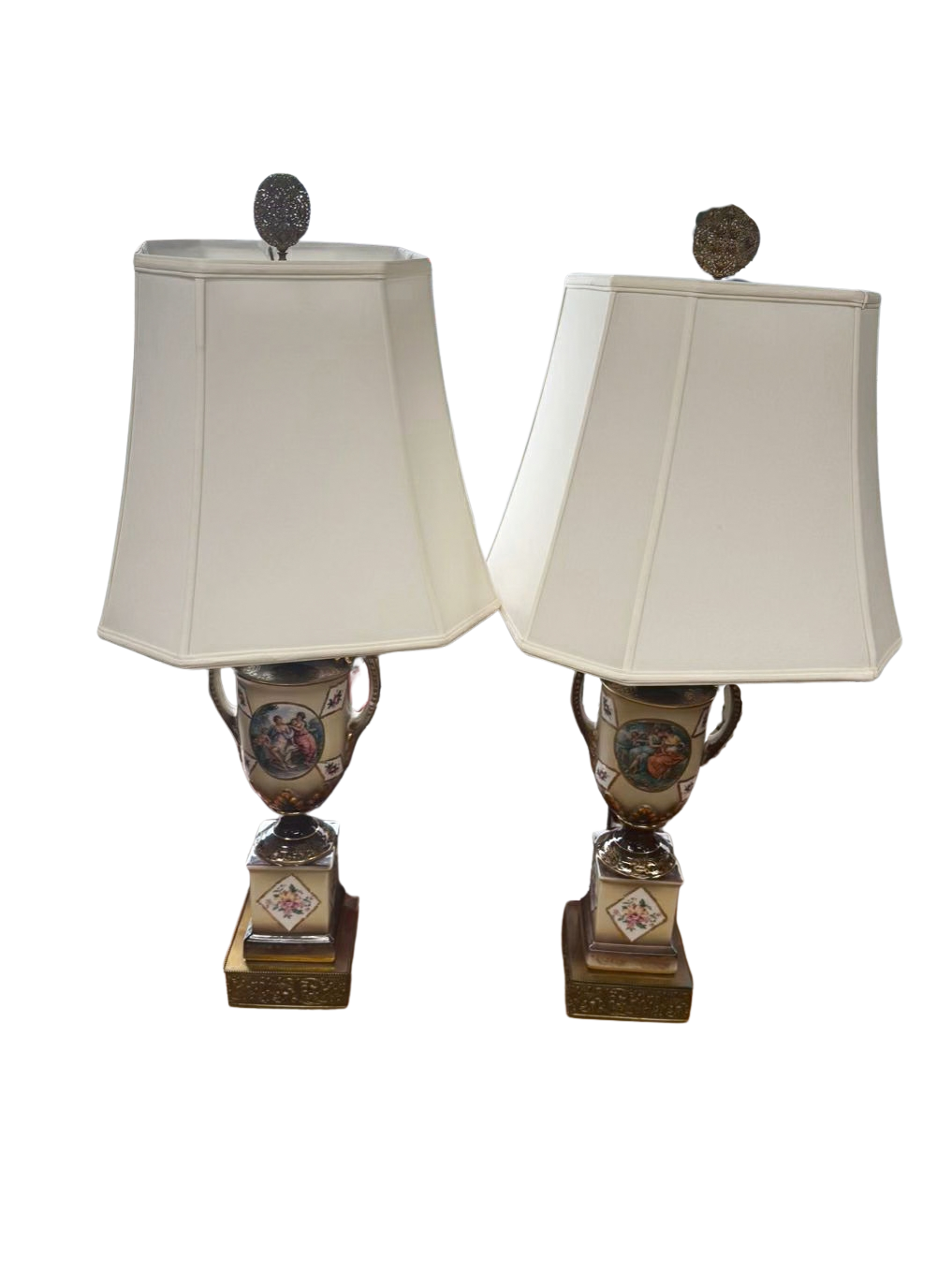 Cream & Gold Hand Painted Porcelain Urn Pair Of Lamps w/ Shades