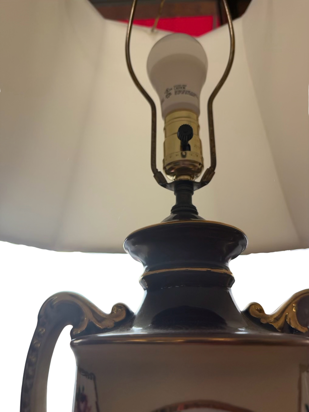 Cream & Gold Hand Painted Porcelain Urn Pair Of Lamps w/ Shades