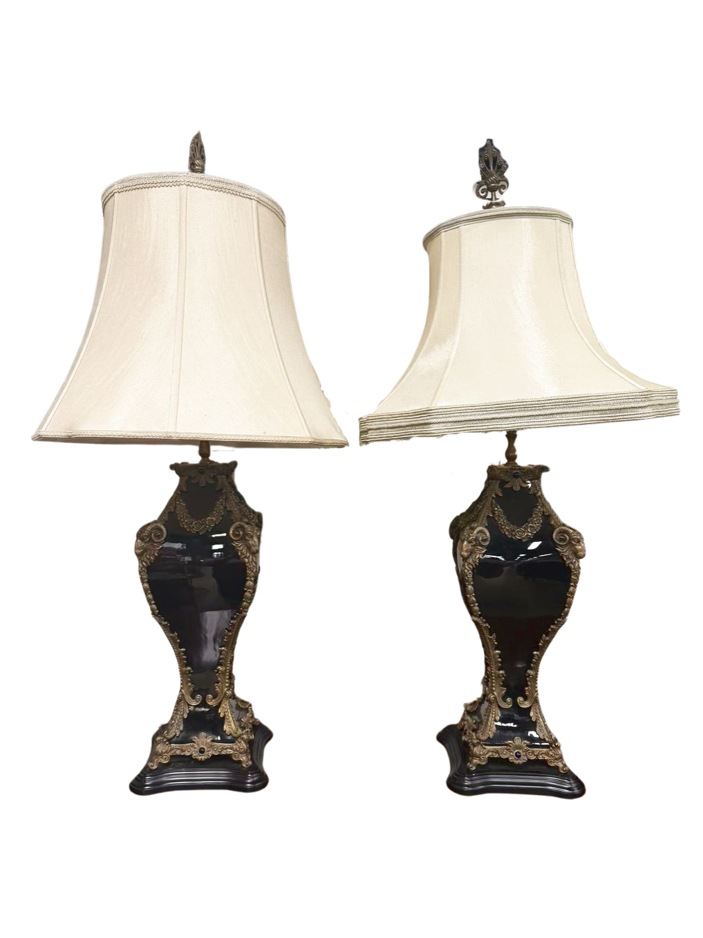 CASTILLIAN IMPORTS Black & Gilt Cast Metal Neo Classical Pair Of Rams Heads Lamps w/ Cream Silk Shades