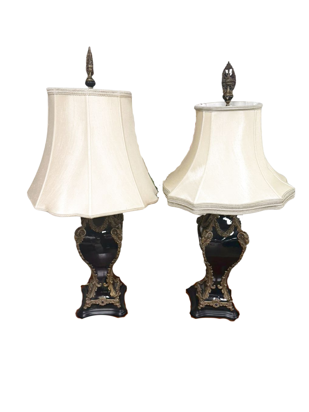 CASTILLIAN IMPORTS Black & Gilt Cast Metal Neo Classical Pair Of Rams Heads Lamps w/ Cream Silk Shades