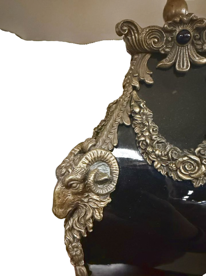 CASTILLIAN IMPORTS Black & Gilt Cast Metal Neo Classical Pair Of Rams Heads Lamps w/ Cream Silk Shades