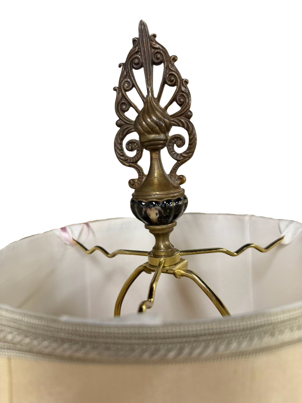 CASTILLIAN IMPORTS Black & Gilt Cast Metal Neo Classical Pair Of Rams Heads Lamps w/ Cream Silk Shades