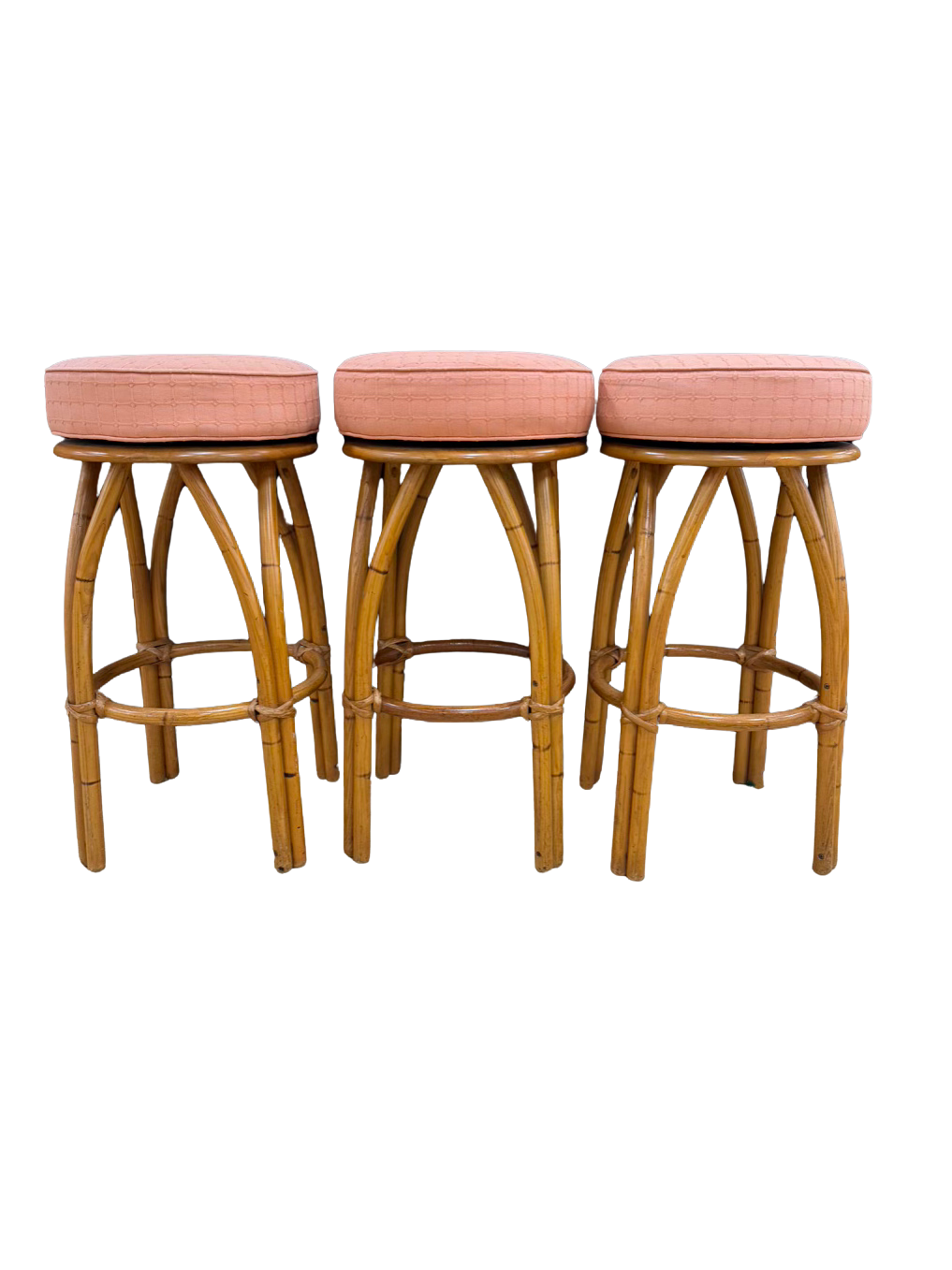 VINTAGE Natural Swivel Bamboo Set Of 3 Bar Stools w/ Fabric Seats