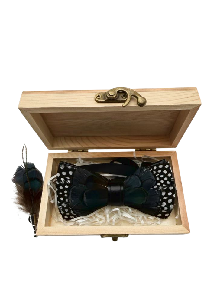 BRACKISH Teal & Black Natural Feather Bowtie w/ Lapel Pin
