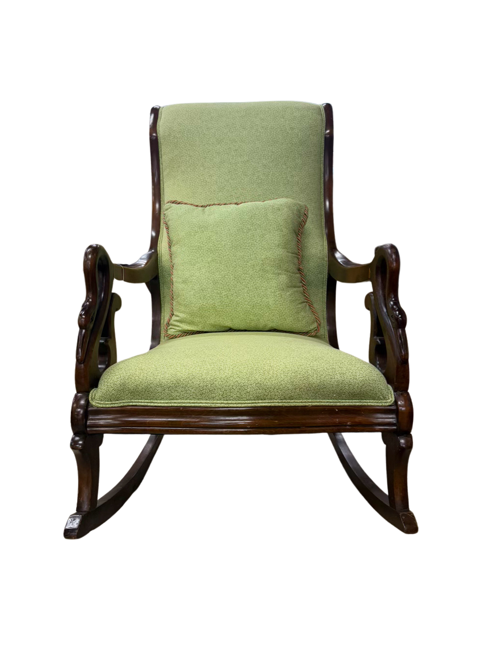 VINTAGE Wood Gooseneck Rocking Chair w/ Green Fabric & Pillow