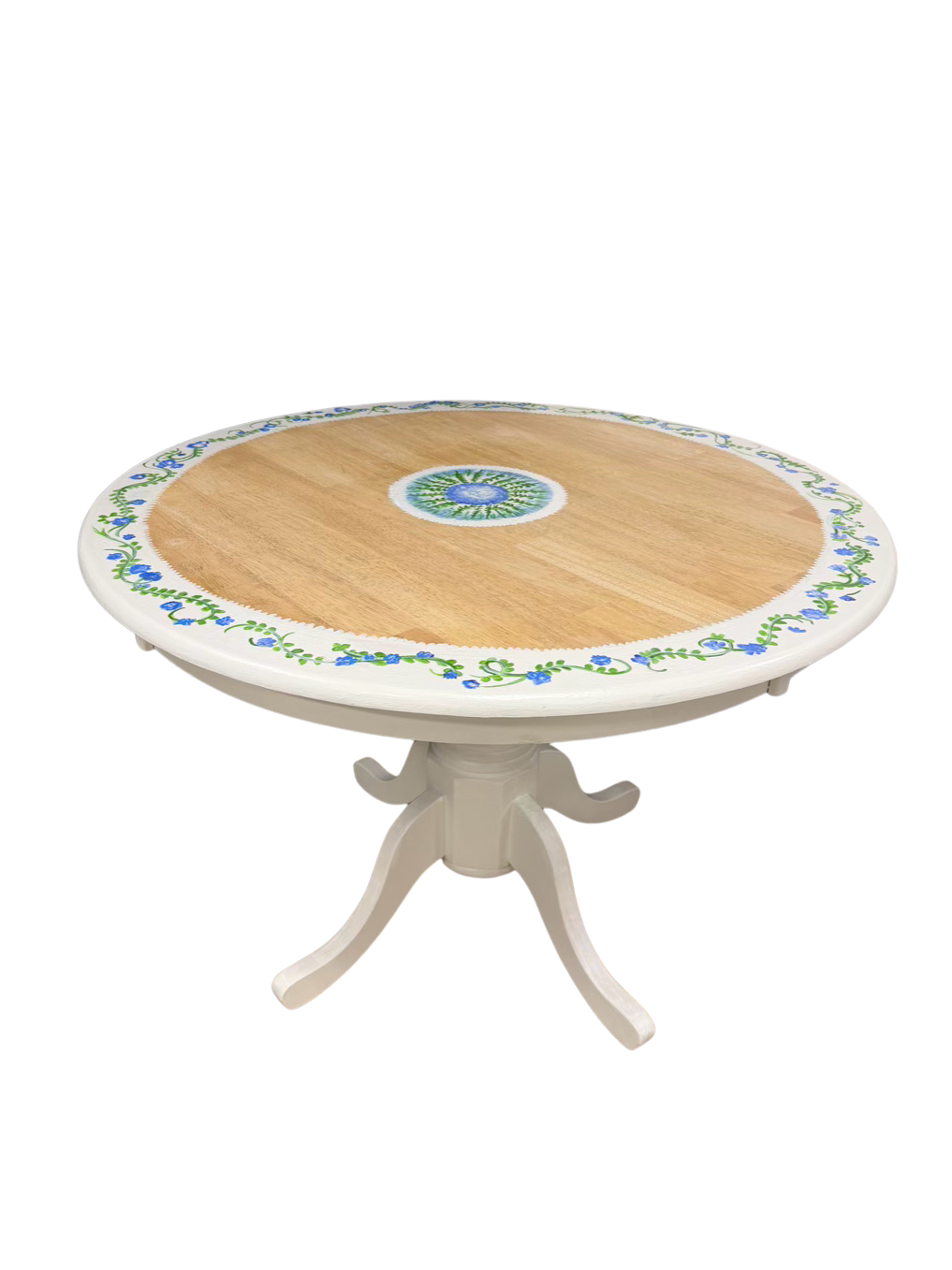 Blue, White & Green Natural Wood Hand Painted Boarder Round Table