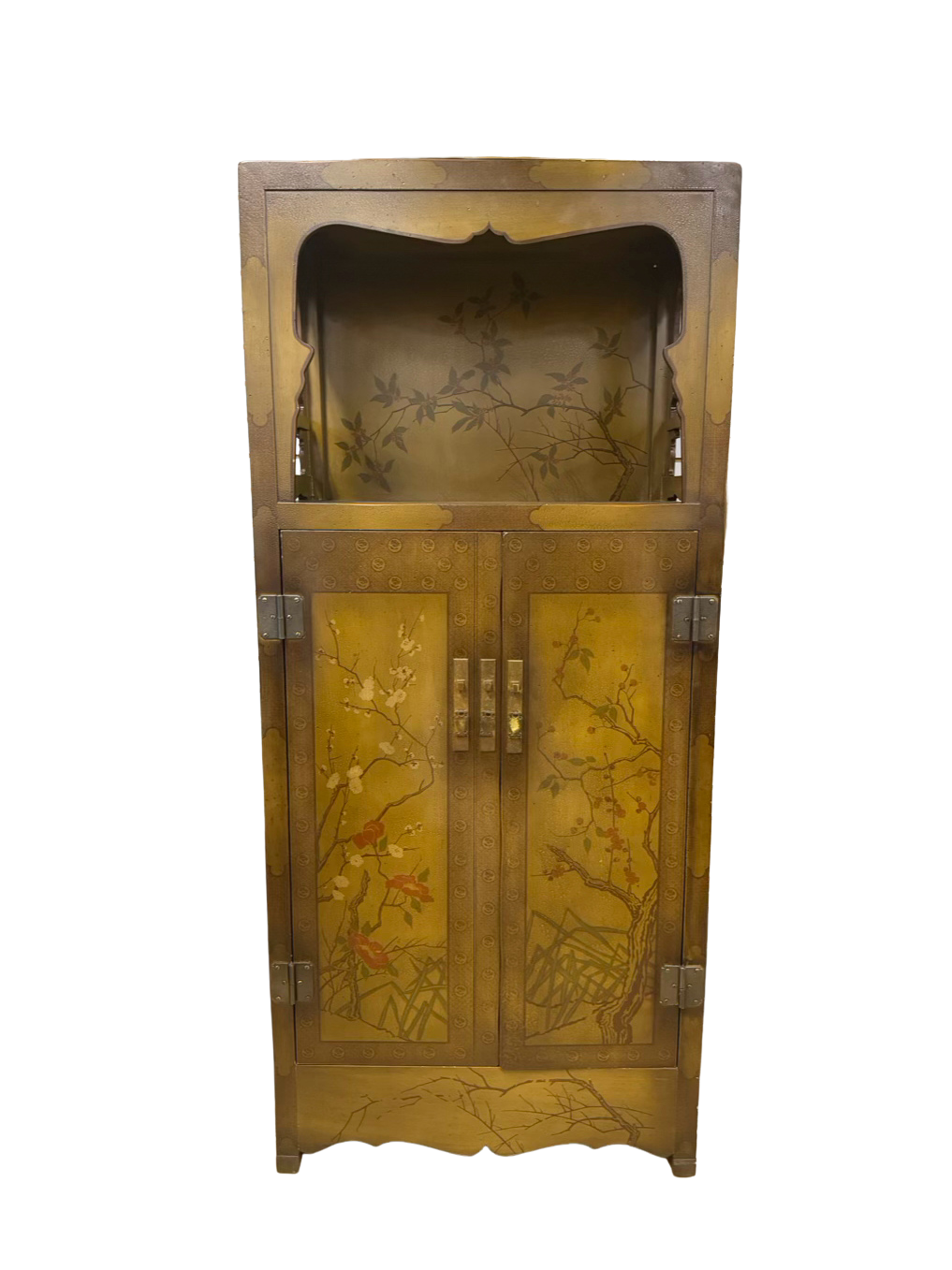 Gold & Red Wood Asian Inspired Tree Cabinet w/ Open Upper Shelf