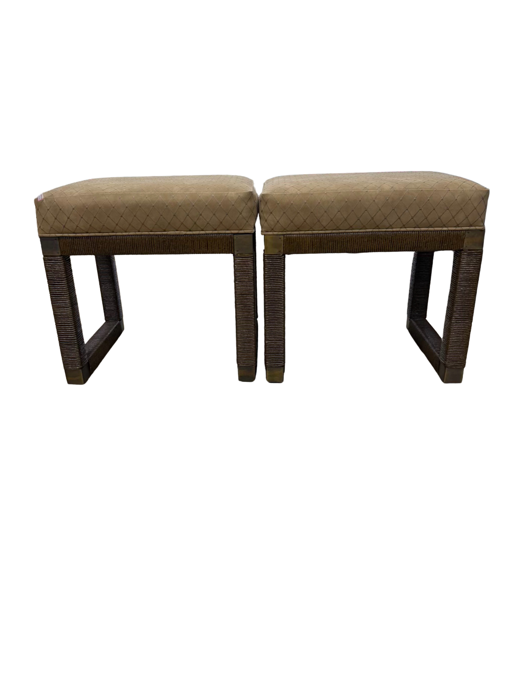 Brown Parsons Woven Pair Of Stools w/ Tan Suede Fabric