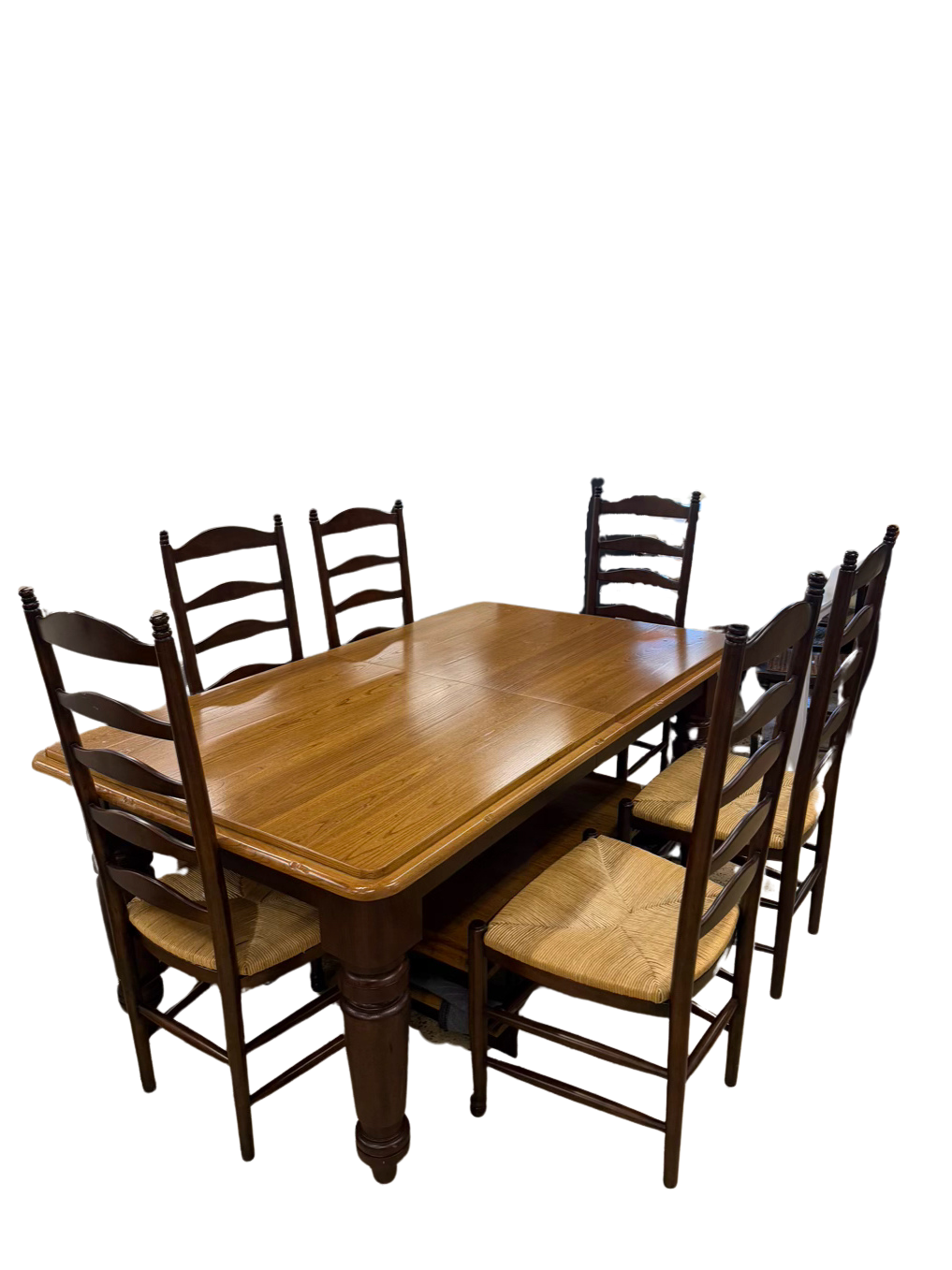 WILLIAMS SONOMA  Light & Dark Wood Farm House Dinning Table & 6 Ladder Back Chairs w/ Leaves