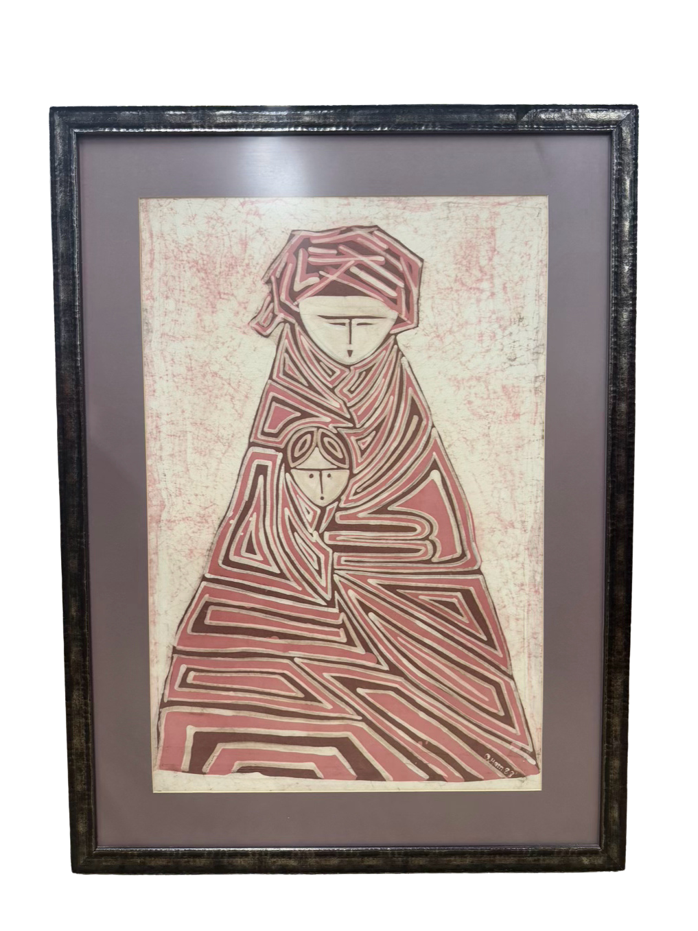 Woman & Child Batik Fabric Art In Dark Silver Frame
