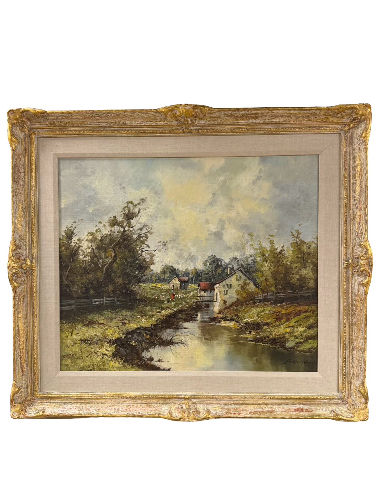 SIGNED Rural Country Landscape Painting In White Wash Vintage Frame