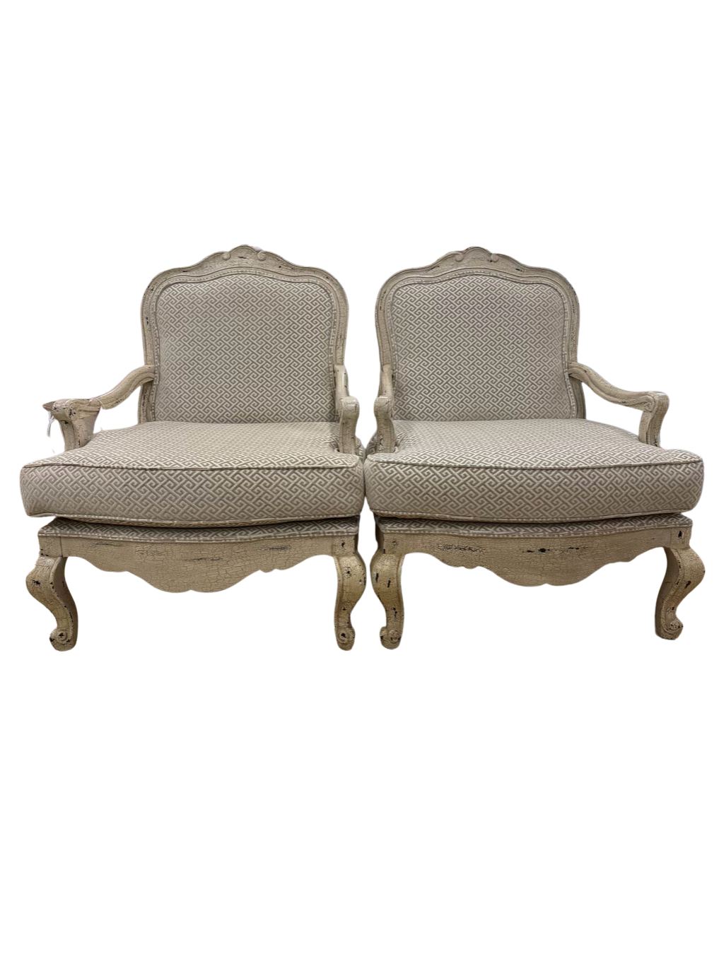 Cream Crackle Louis XV Oversized Pair Of Chairs w/ Taupe & White Fabric
