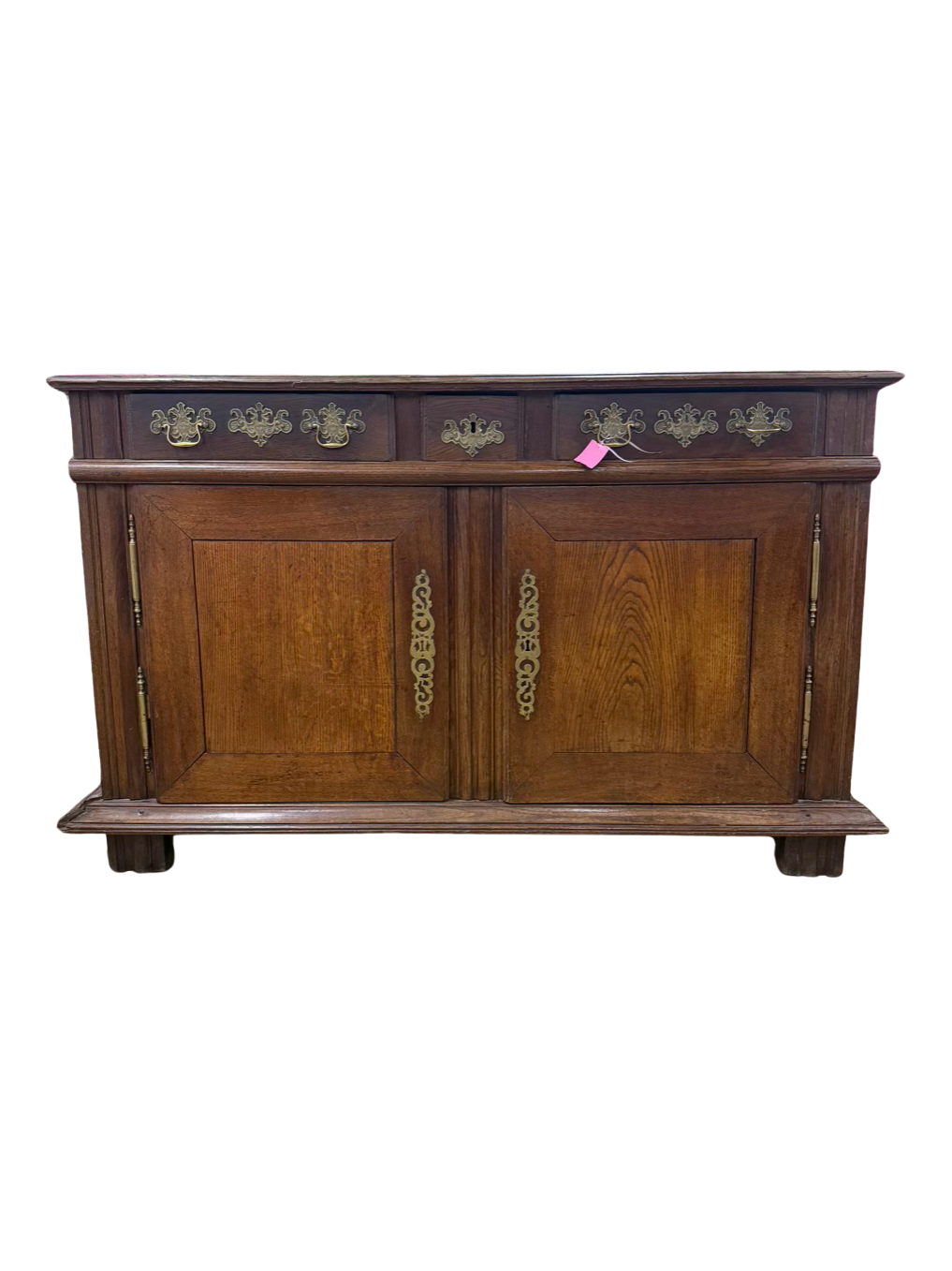 ANTIQUE Medium Dark Oak French Side Board w/ Large Brass Trim
