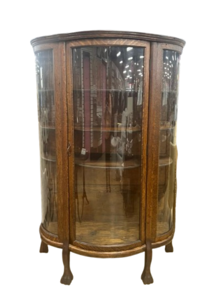 Dark Tiger Oak Bow Front China Cabinet w/ Shelves
