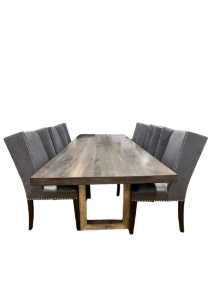 Gray Wood Dining Table & 6  Nail Head Chairs