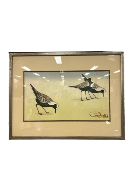 D. GROSE Hand Colored Black Bellied Plovers Lithograph in Brushed Gold Frame