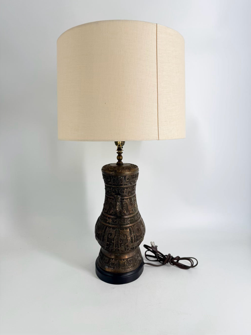 Bronze Asian Wine Vessel Style Lamp w/ Shade
