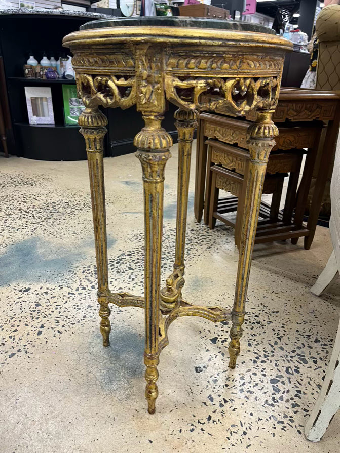 Green & Gold Wood & Marble Louis XV Round Gilded Occasional Table