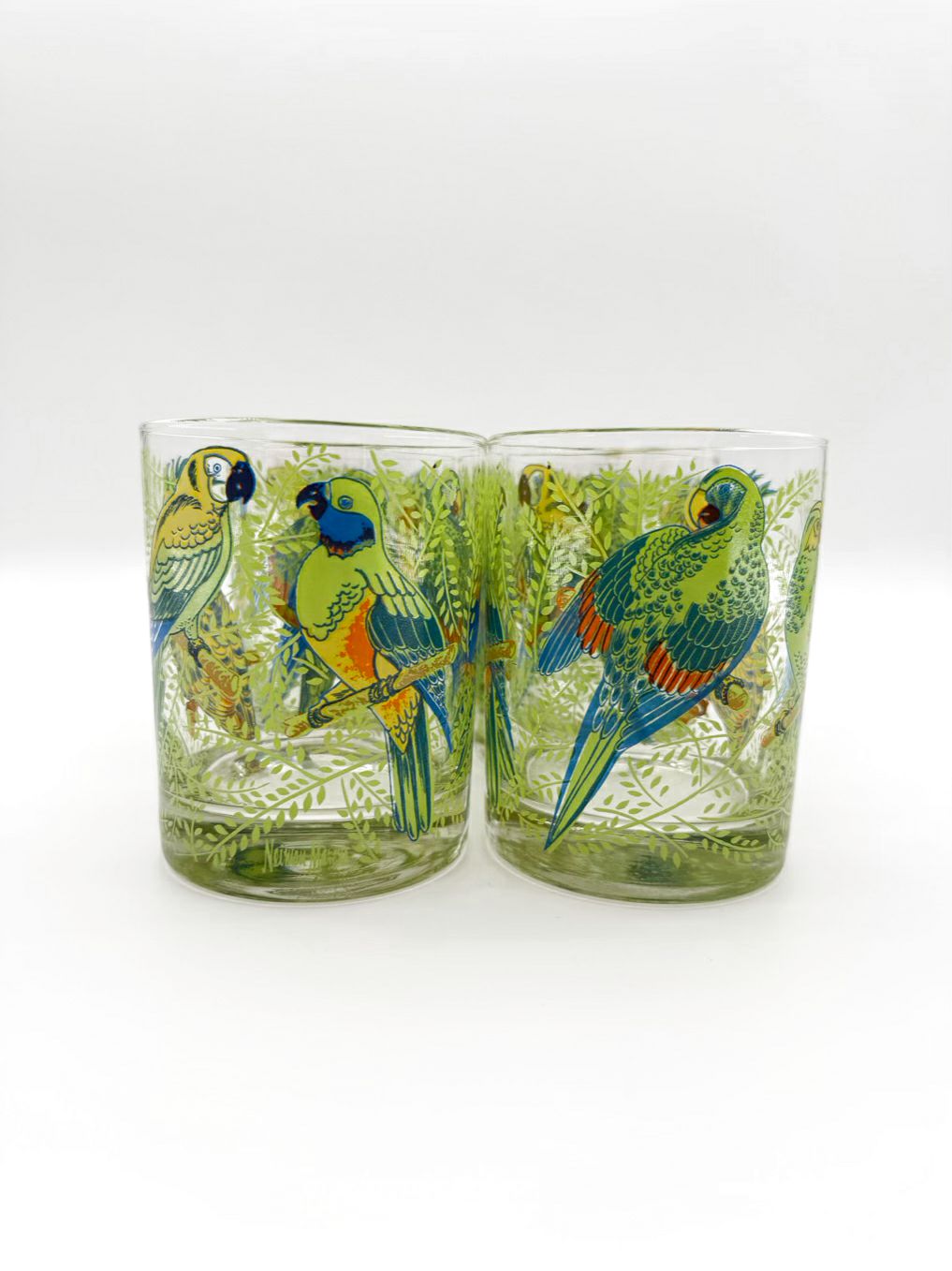 VINTAGE NEIMAN MARCUS Clear, Green & Yellow Set of 6 Tropical Parrot Glasses