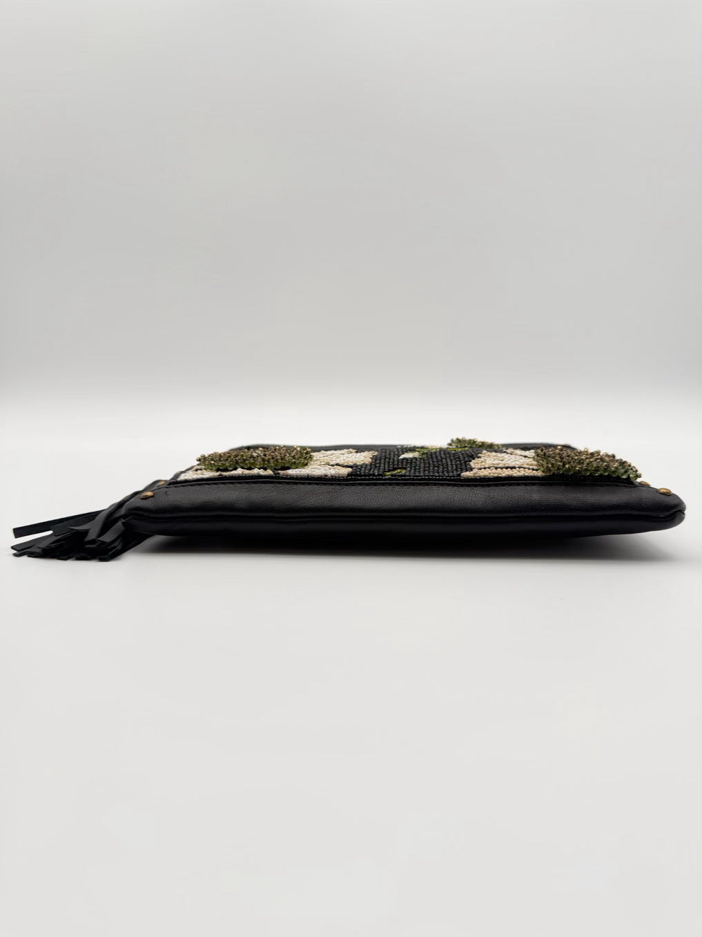 MARY FRANCES Sunshine & Daisies Black, White & Green Leather Beaded Floral Crossbody Bag