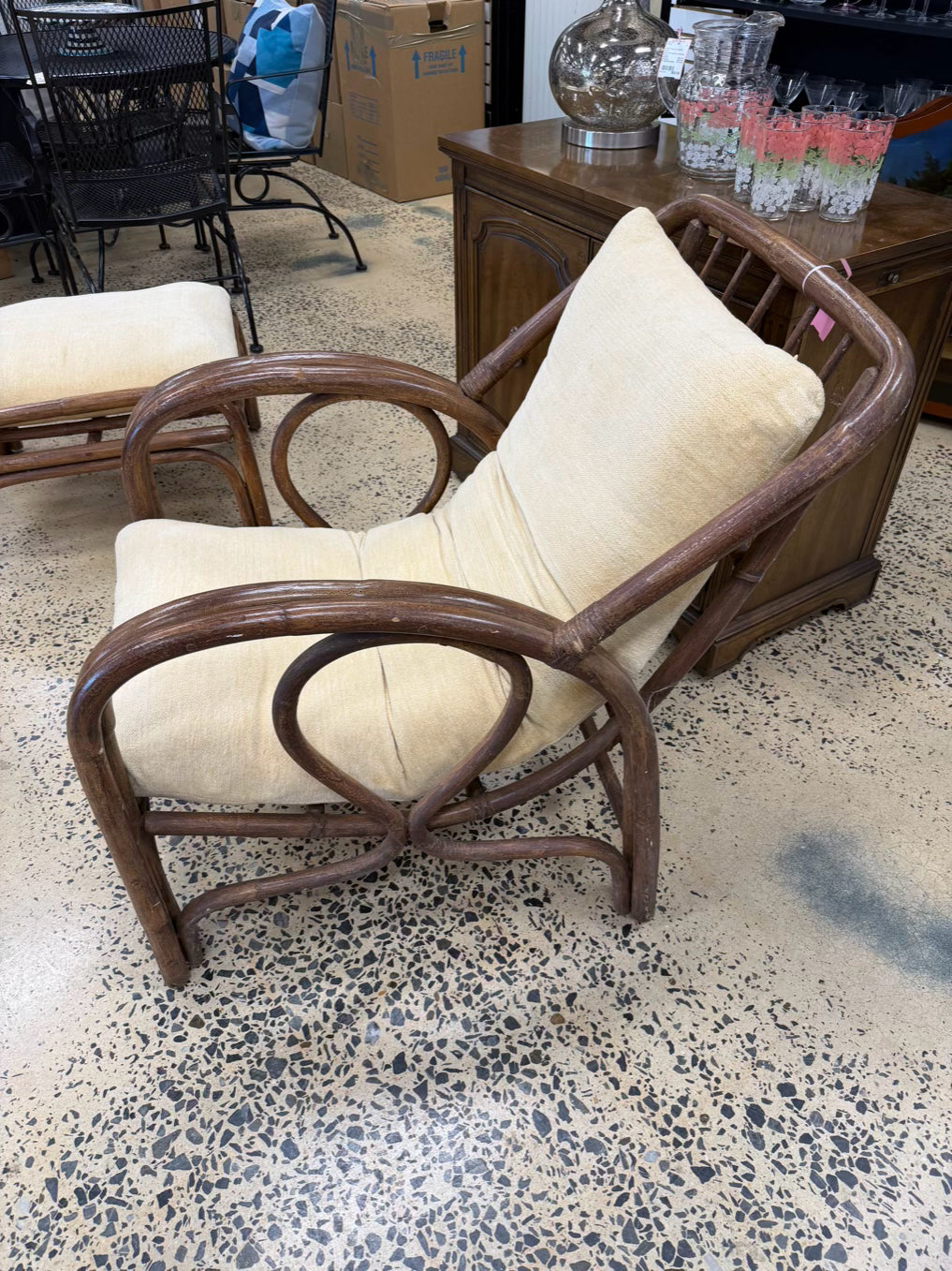 VINTAGE Medium Wood Bamboo Chair w/ Ottoman