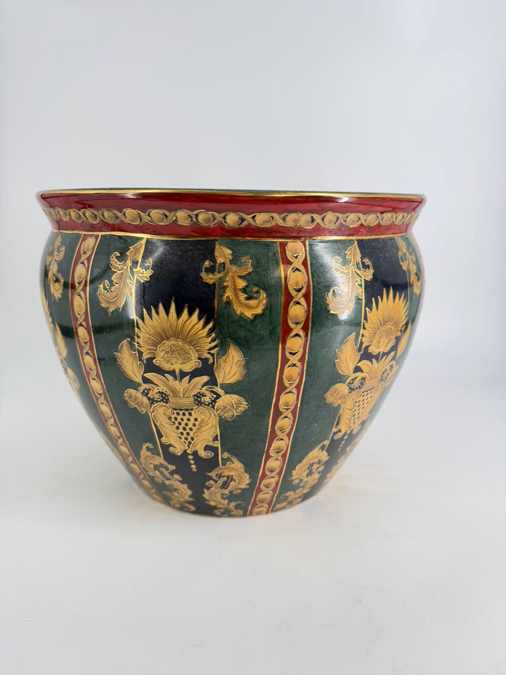 Green, White & Gold Porcelain Fish Bowl Oriental Planter