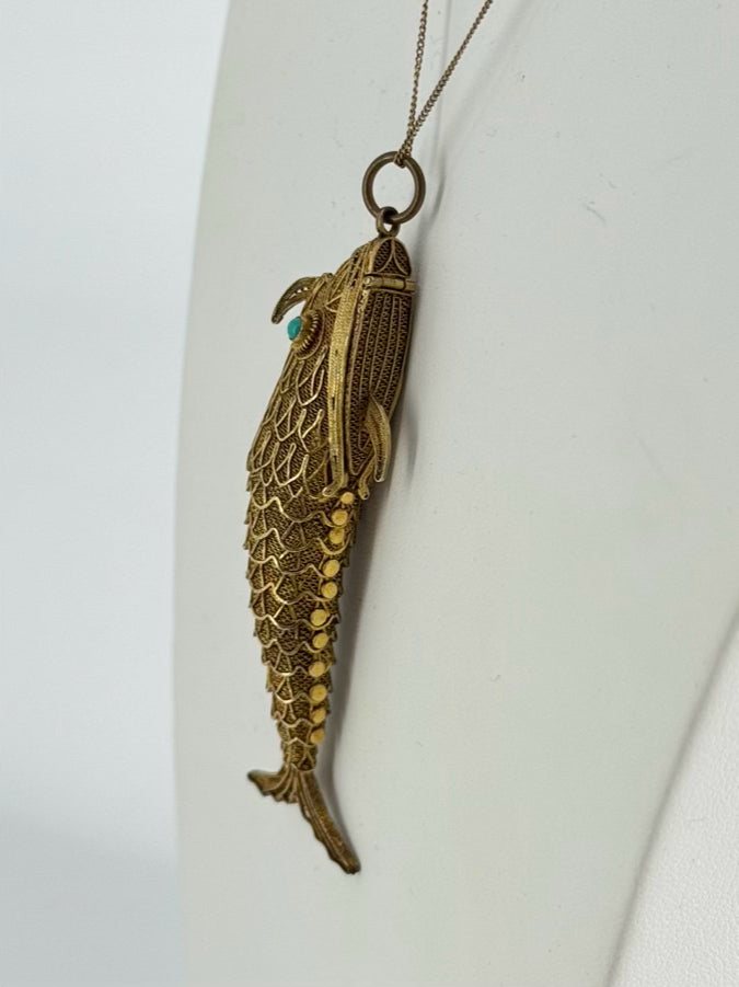 STERLING SILVER Gold Tone Koi Fish Locket Necklace