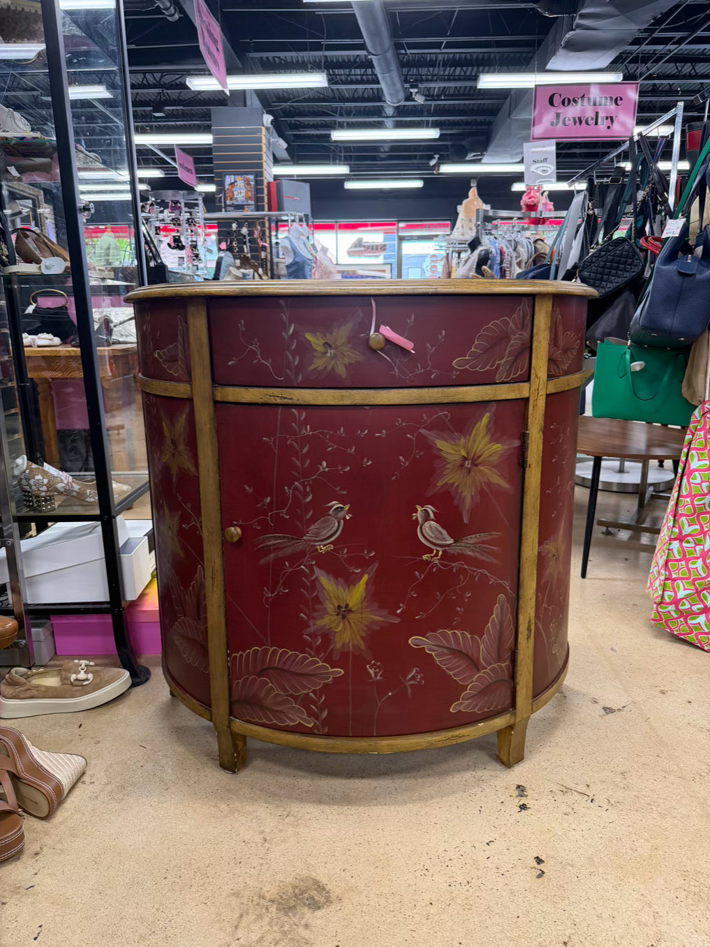 Red & Gold Demilune Birds Cabinet w/ Drawer