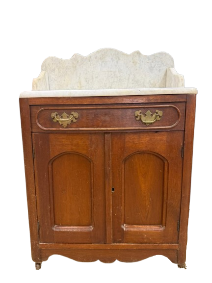 ANTIQUE Dark Brown Wood Wash Stand w/ Marble Top
