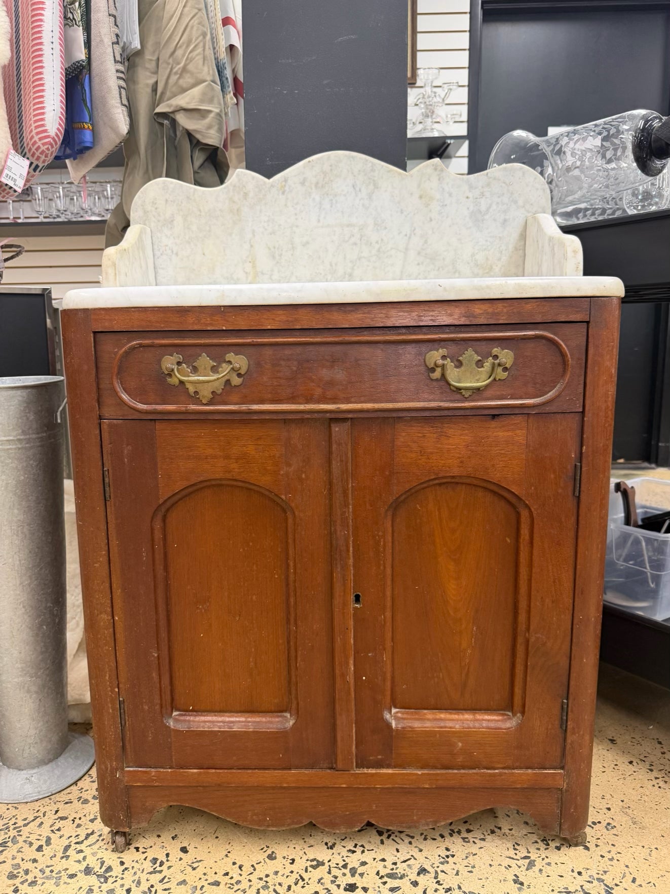 ANTIQUE Dark Brown Wood Wash Stand w/ Marble Top