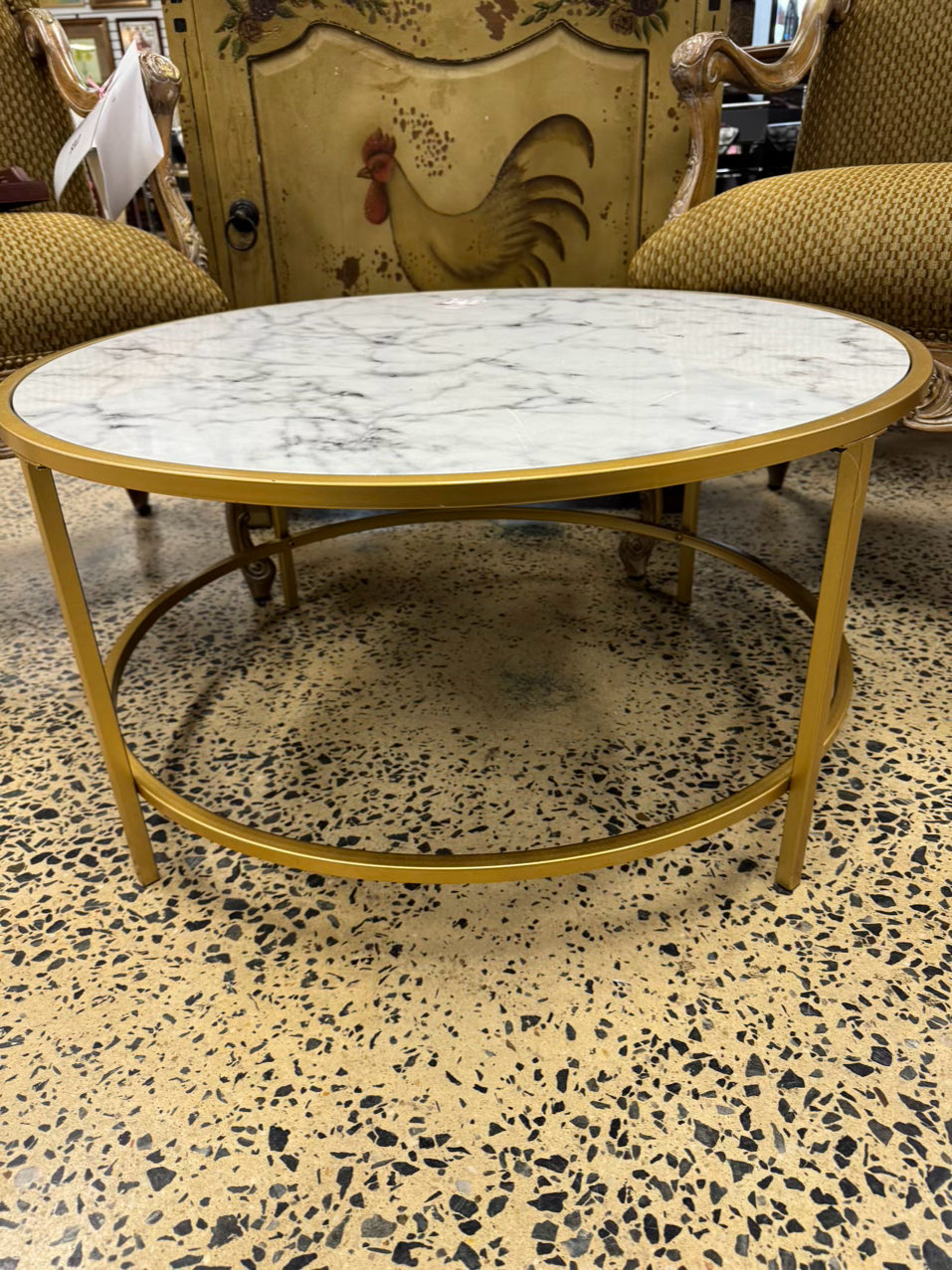 Gold & White Metal & Faux Marble Top Round Coffee Table