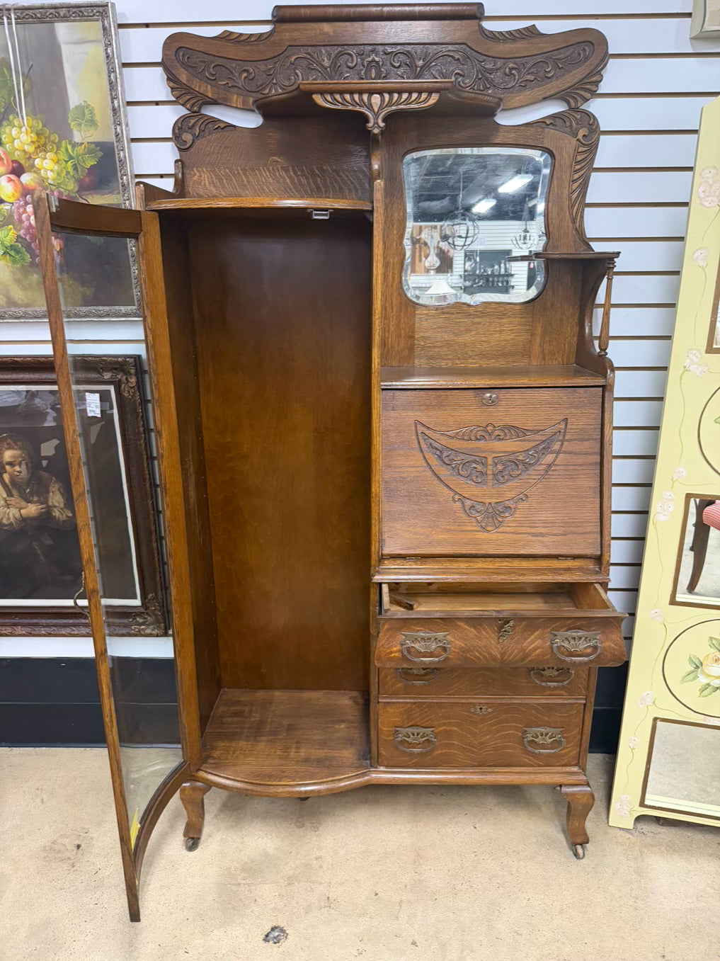 ANTIQUE Medium Oak Rounded Side by Side Secretary No Shelves