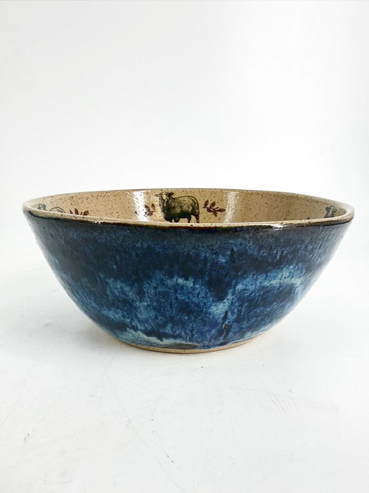 LAKE LISMORE POTTERY Blue & Tan Pottery Bowl w/ Sheep