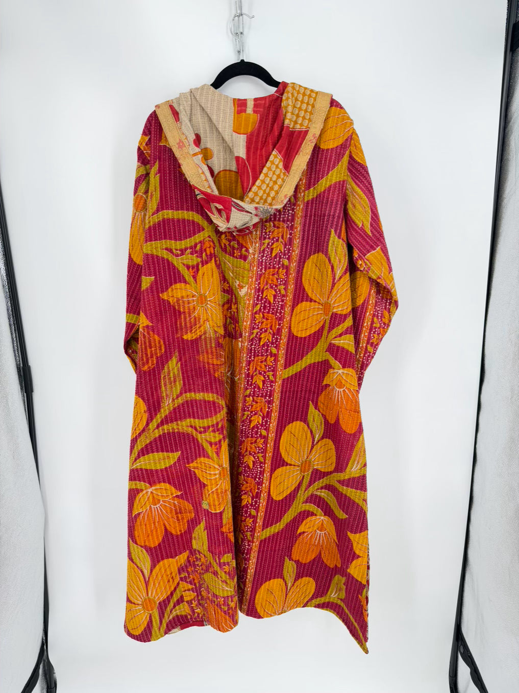 KANTHA BAE Size Wmn's Free Size Red/Beige Hooded Open Front Floral Coat