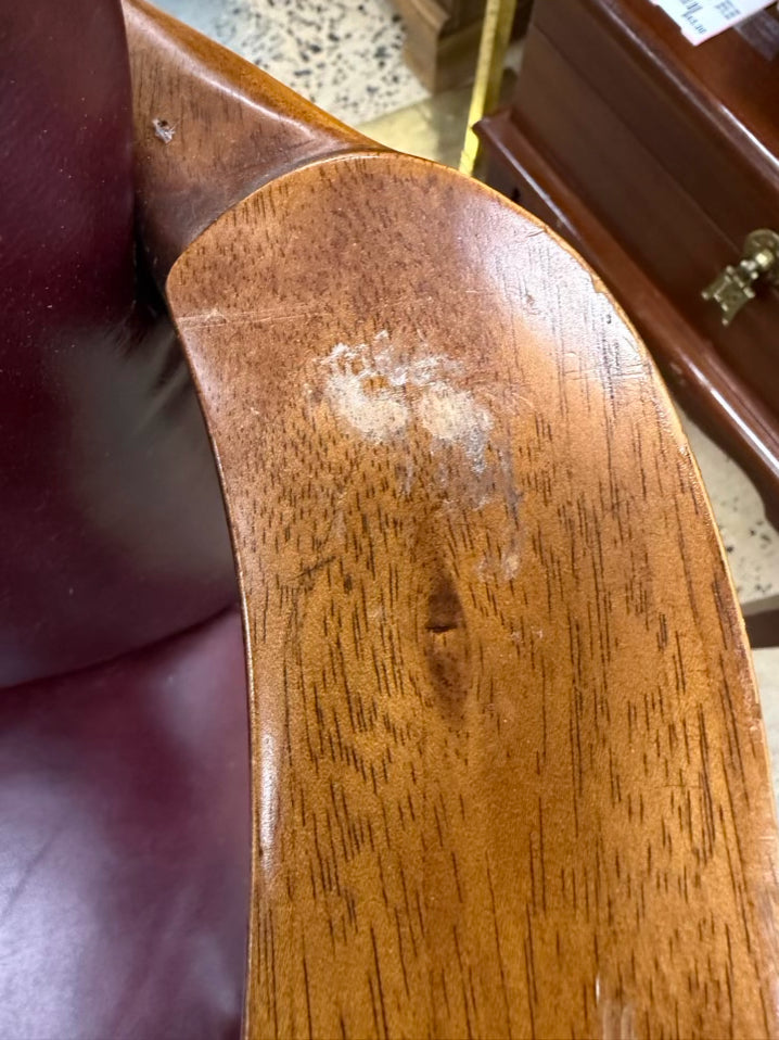 VINTAGE Red Queen Ann Wood Chair w/ Leather Upholstery