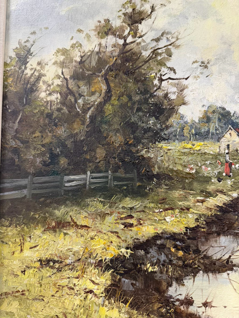 SIGNED Rural Country Landscape Painting In White Wash Vintage Frame