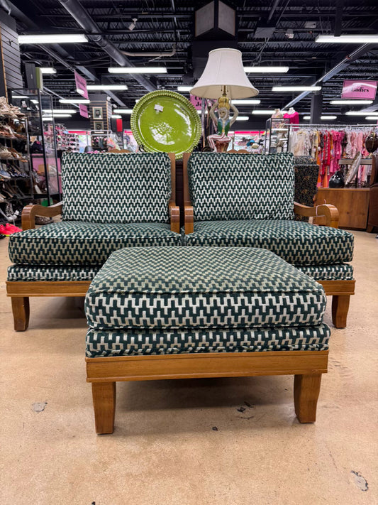Wood Green Geometric Upholstered Pair of Chairs w/ Ottoman
