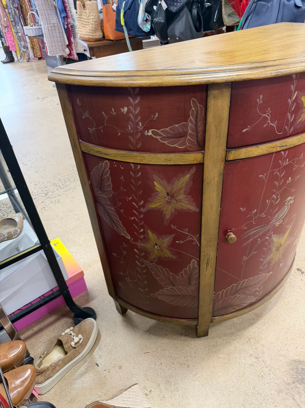 Red & Gold Demilune Birds Cabinet w/ Drawer