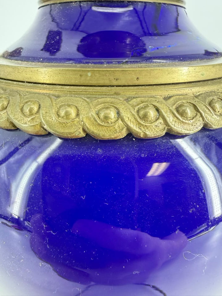 Neo Classical Cobalt Porcelain & Brass Pair Of Lamps