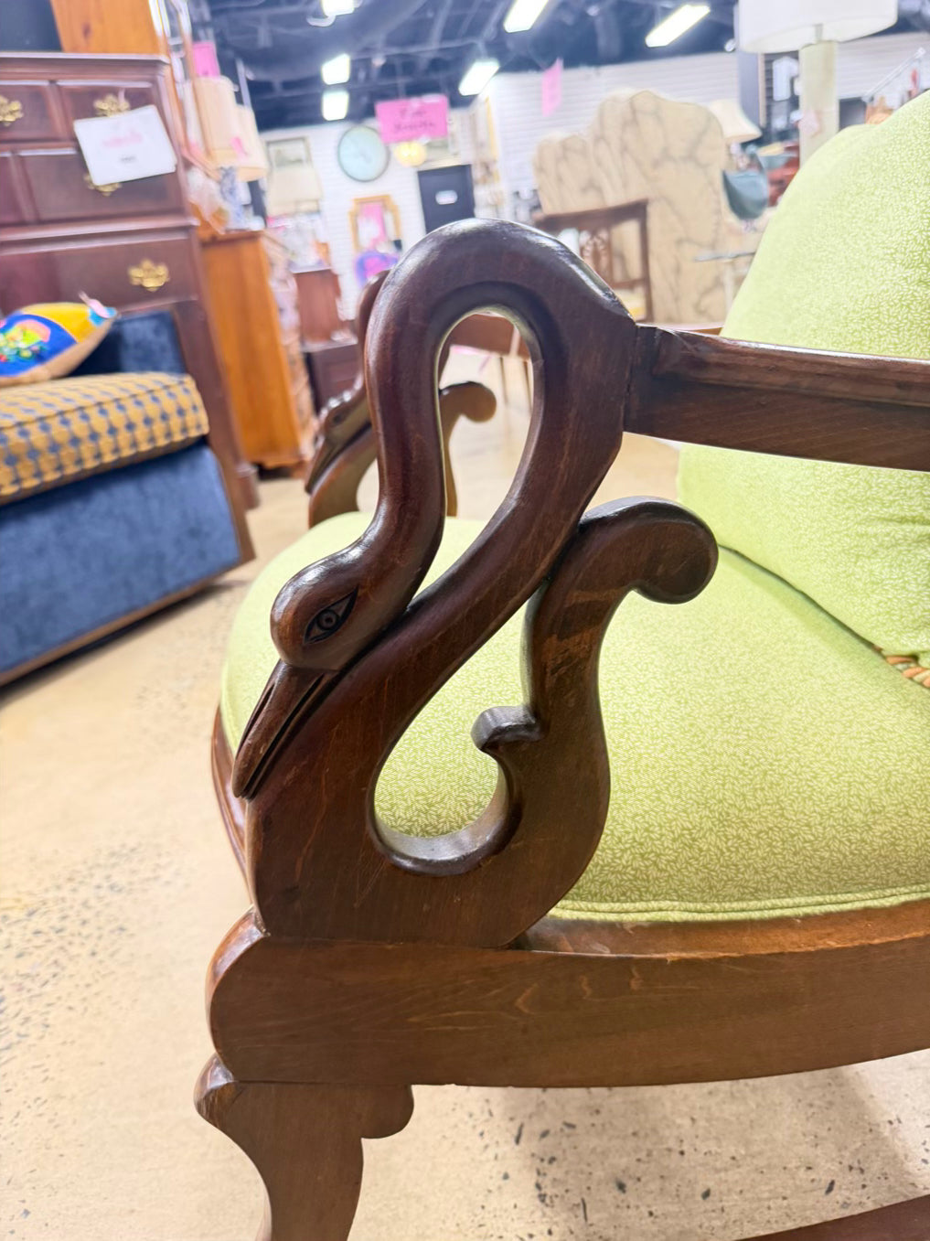 VINTAGE Wood Gooseneck Rocking Chair w/ Green Fabric & Pillow