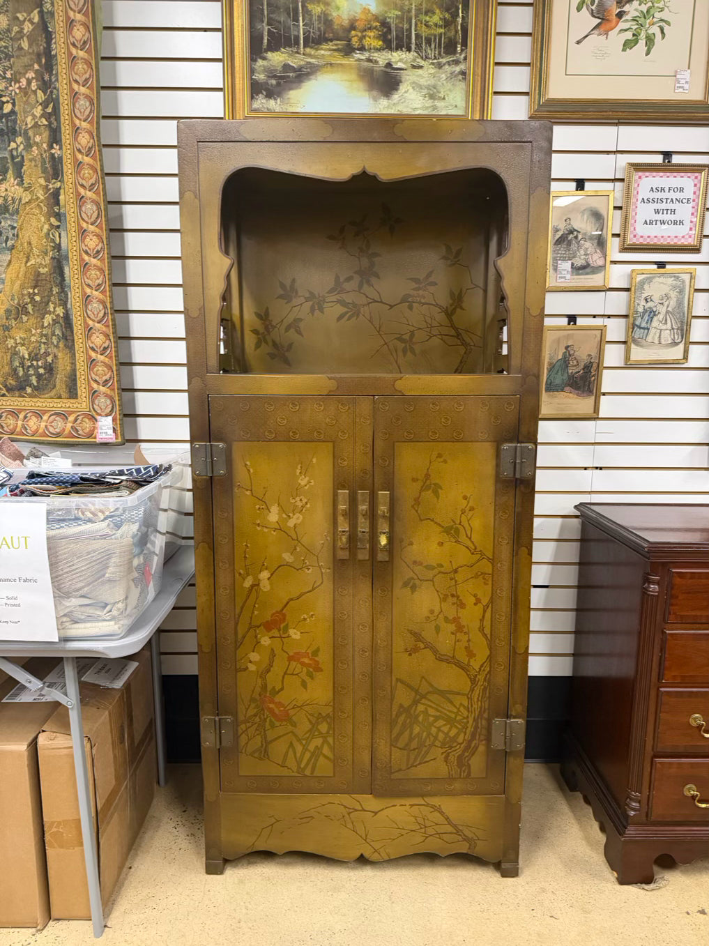 Gold & Red Wood Asian Inspired Tree Cabinet w/ Open Upper Shelf